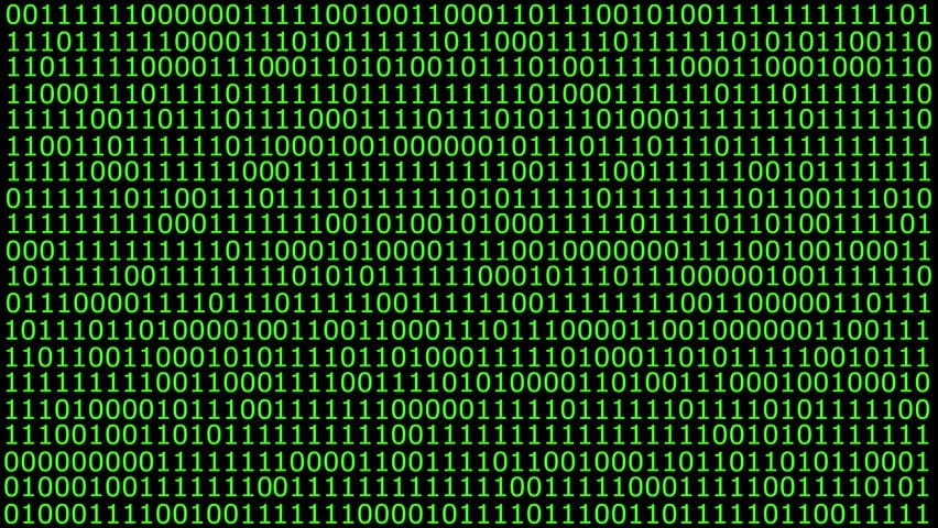 Bright green binary code in monospaced rows on a black background. The glowing 1s and 0s create a high-contrast digital pattern reminiscent of vintage CRT monitor displays.