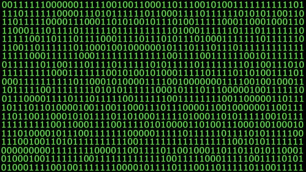 Bright green binary code in monospaced rows on a black background. The glowing 1s and 0s create a high-contrast digital pattern reminiscent of vintage CRT monitor displays.